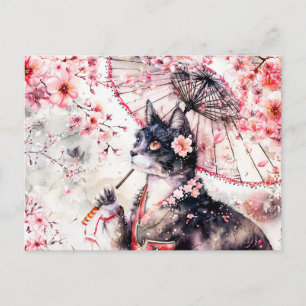 Geisha Cat with Parasol and Cherry Blossoms Postcard