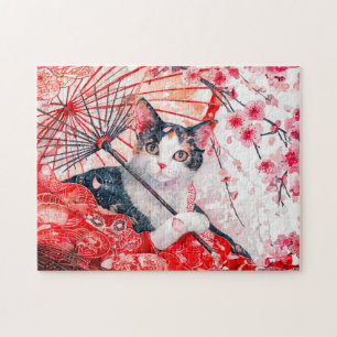 Geisha Cat with Umbrella in Chinese Ink Painting Jigsaw Puzzle