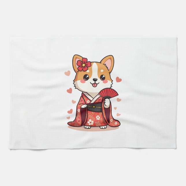 Geisha Corgi Dog Lover Welsh Tea Towel (Horizontal)