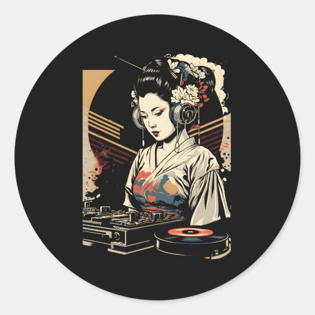 Geisha Edm Dj Japanese Kimono Vaporwave Aesthetic Classic Round Sticker (Front)