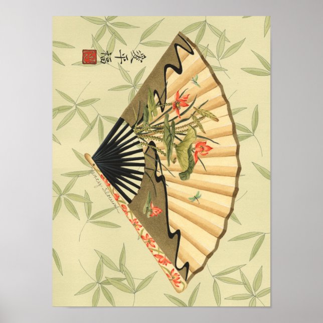 Geisha Fan with Leaves and Floral Print (Front)