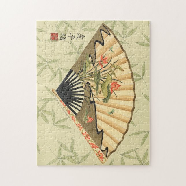 Geisha Fan with Leaves and Floral Print Jigsaw Puzzle (Vertical)