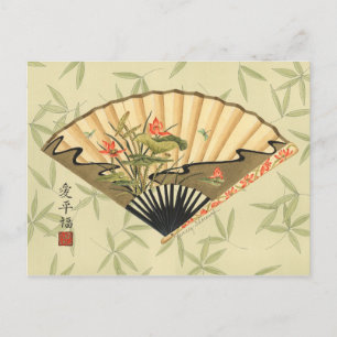Geisha Fan with Leaves and Floral Print Postcard