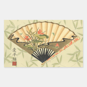 Geisha Fan with Leaves and Floral Print Rectangular Sticker