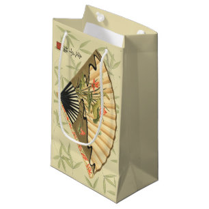 Geisha Fan with Leaves and Floral Print Small Gift Bag