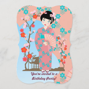Geisha girl and flowers birthday party invitation