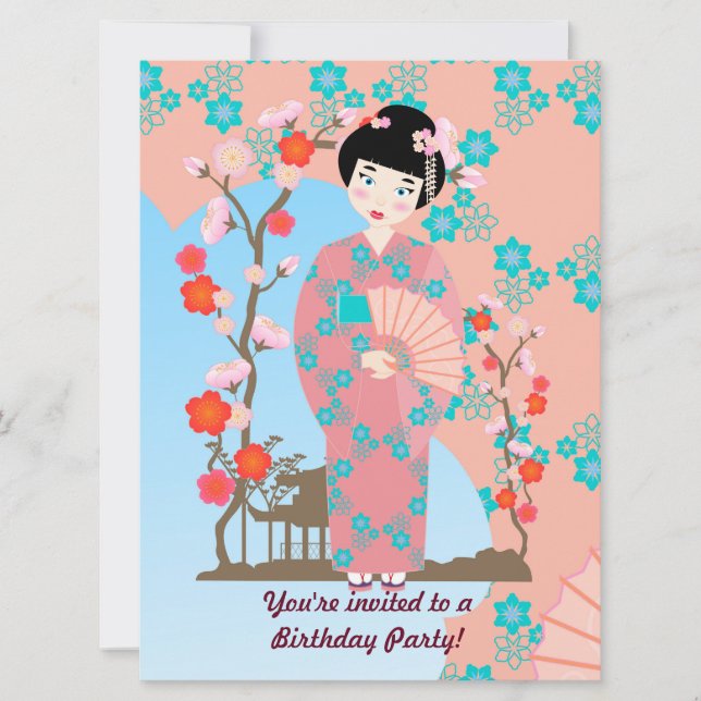 Geisha girl and flowers  birthday party invitation (Front)