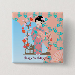 Geisha girl birthday party 15 cm square badge