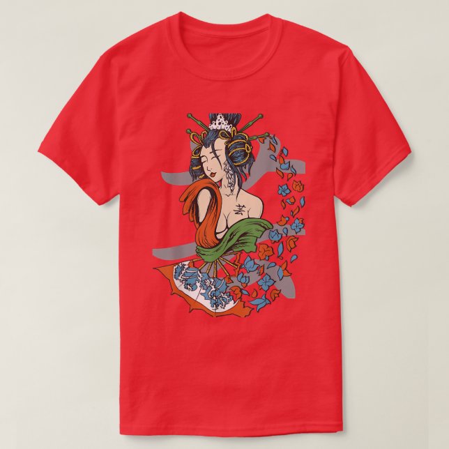 Geisha Girl Katana Sword and Tattoo of Dragon Japa T-Shirt (Design Front)