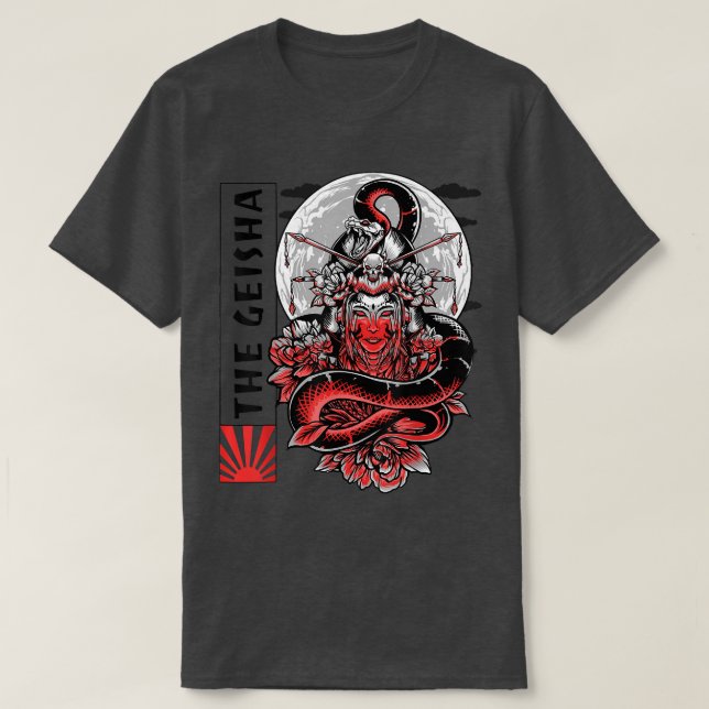 Geisha Girl Katana Sword and Tattoo of Dragon Japa T-Shirt (Design Front)