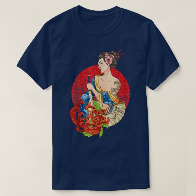 Geisha Girl Katana Sword and Tattoo of Dragon Japa T-Shirt (Design Front)