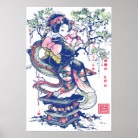Geisha Girl With Dragon and Cats 37004