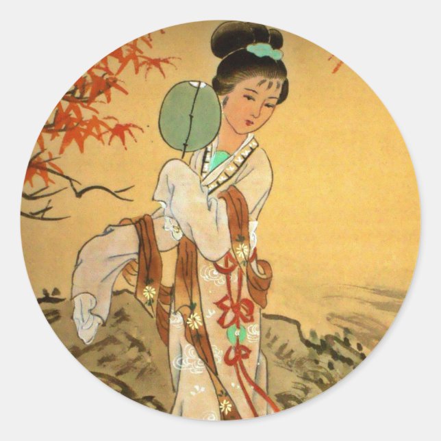 Geisha Girl with Fan Classic Round Sticker (Front)