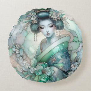 Geisha in Green Design Series #1 Round Cushion