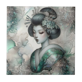 Geisha in Green Design Series #2 Ceramic Tile