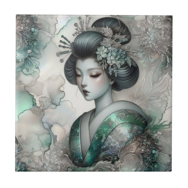 Geisha in Green Design Series #2 Ceramic Tile (Front)