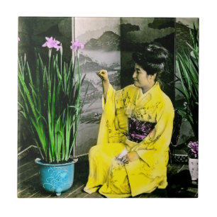 Geisha in Yellow Kimono Arranging Flowers Vintage Ceramic Tile
