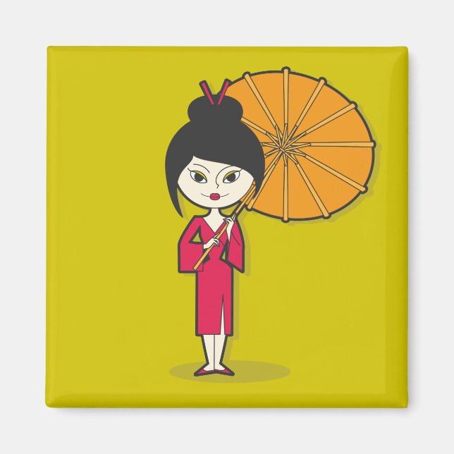 Geisha Lady cartoon on a green background Magnet (Front)