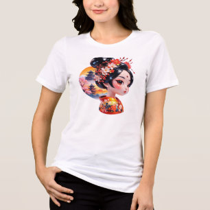 Geisha Portrait Japanese Floral Temple Sunset Art Tri-Blend Shirt