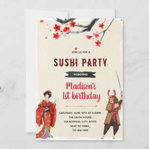 Geisha samurai sushi party invitation