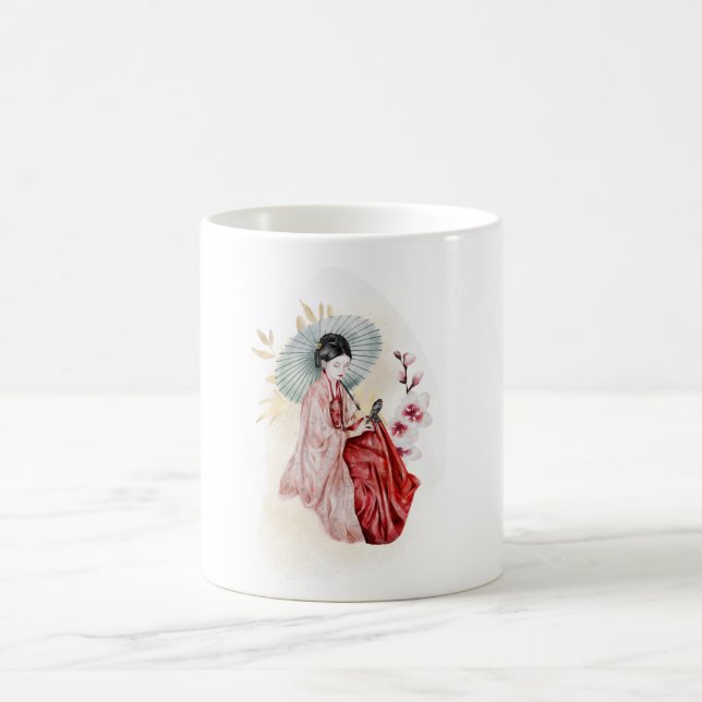 Geisha sits near a golden bamboo coffee mug (Center)
