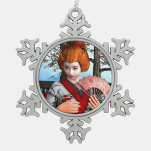 Geisha Snowflake Pewter Christmas Ornament