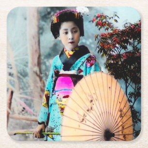 Geisha with a Wagasa Paper Parasol Vintage Japan Square Paper Coaster