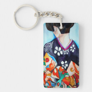 Geisha with dark blue and orange kimono key ring