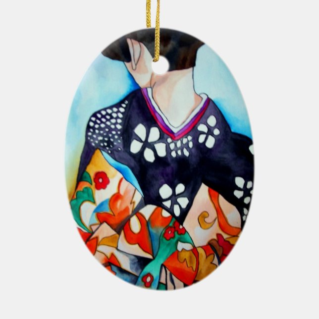 Geisha with dark blue kimono original art ceramic tree decoration (Back)