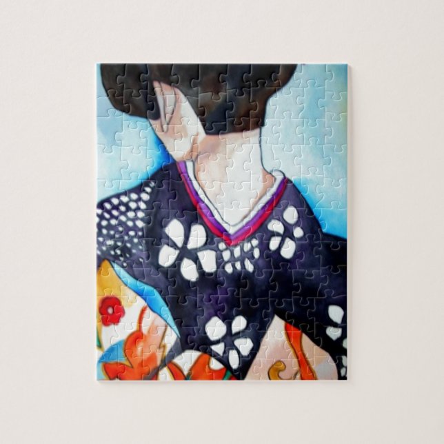 Geisha with dark blue kimono original art painting jigsaw puzzle (Vertical)