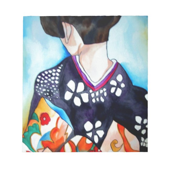 Geisha with dark blue kimono original art painting notepad (Front)