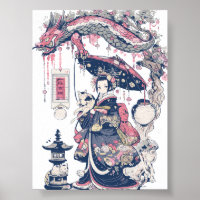 Geisha With Dragon and Cats 37007