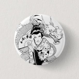Geisha with Fan Dragon 3 Cm Round Badge