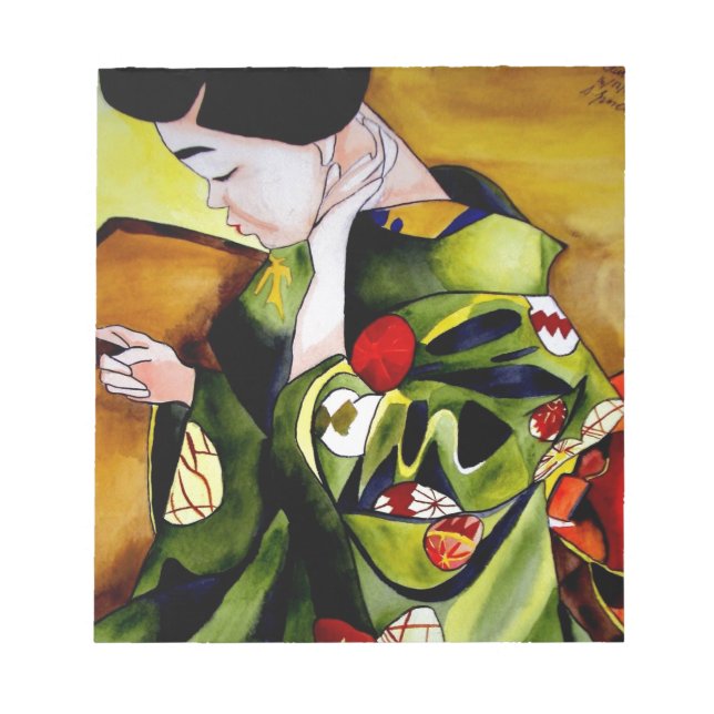 Geisha with olive green kimono notepad (Front)