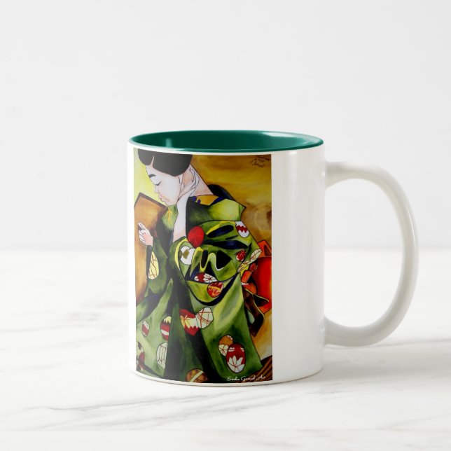 Geisha with olive green kimono original art Two-Tone coffee mug (Right)