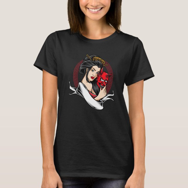 Geisha With Oni Mask Devil Demon T-Shirt (Front)