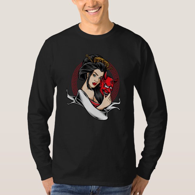 Geisha With Oni Mask Devil Demon T-Shirt (Front)