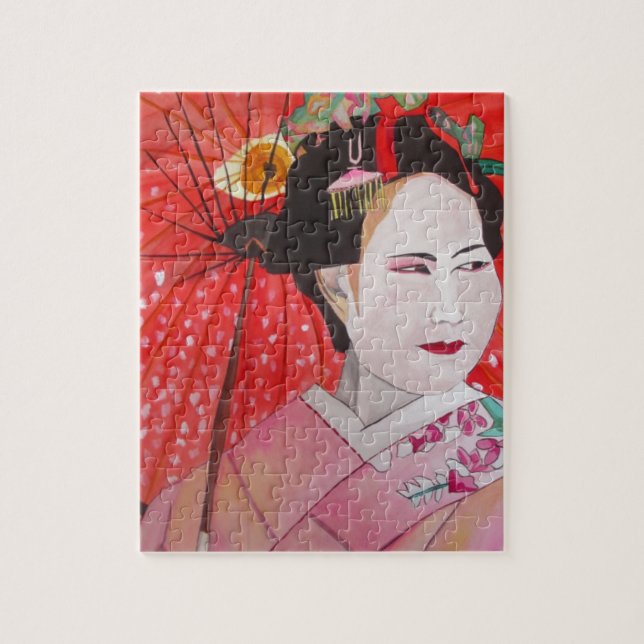 Geisha with Red Umbrella original art painting Jigsaw Puzzle (Vertical)