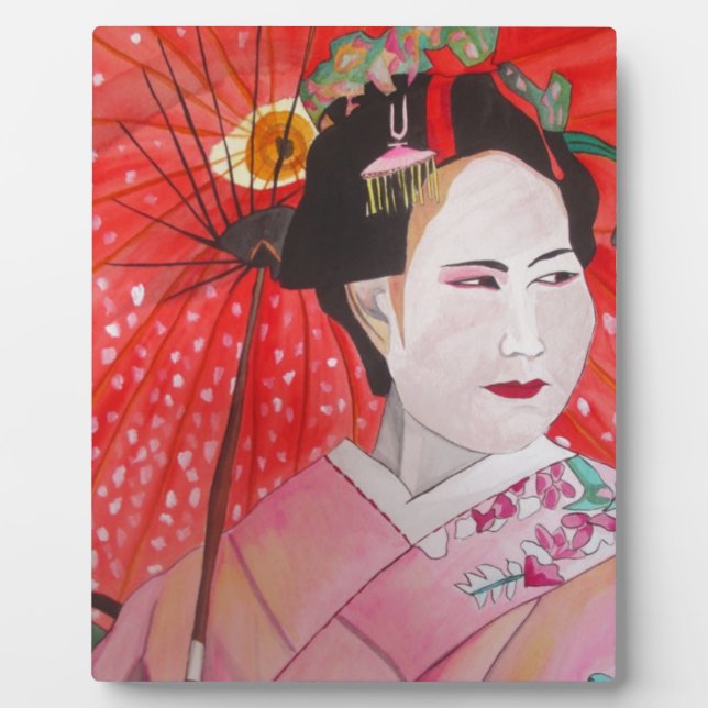 Geisha with Red Umbrella original art painting Plaque (Front)