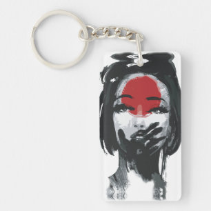 Geisha's Silence: Red and Black Ink Art Key Ring