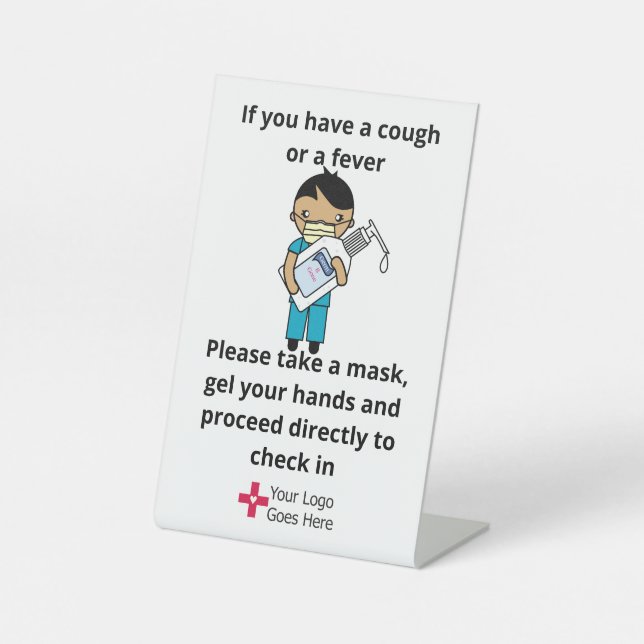 Gel & Mask Infection Control - Asian/Hispanic male Pedestal Sign (Front)