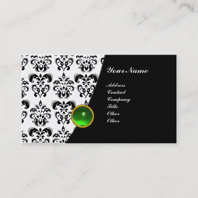 GEM DAMASK MONOGRAM green emerald gold Business Card (Front)