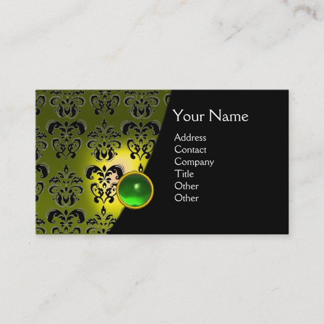 GEM DAMASK MONOGRAM yellow green emerald Business Card (Front)