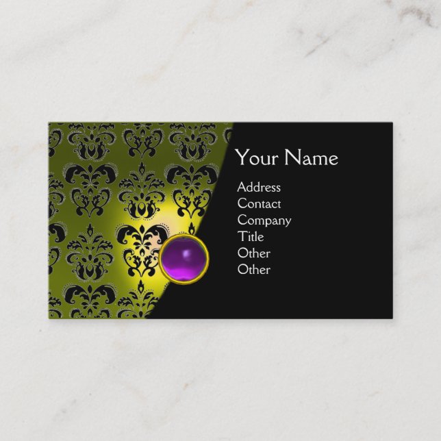 GEM DAMASK MONOGRAM yellow purple amethyst Business Card (Front)