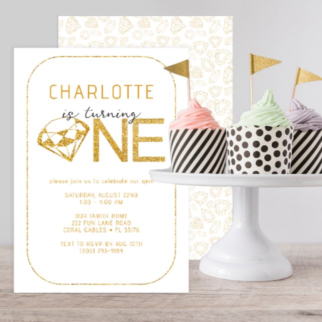 Gem Diamond One 1st Birthday Party Invitation (turning one gold birthday invitation for baby girl)