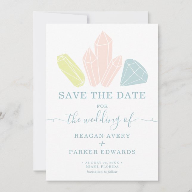 Gem Stones Pastel Blue Elegant Wedding Save The Date (Front)