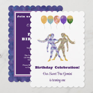 Gemini 1st Birthday Impressionist Gold Glitte Invitation