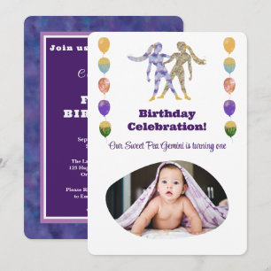Gemini 1st Birthday Photo Impressionist Gold Invitation