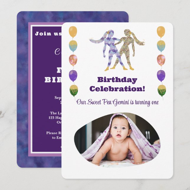 Gemini 1st Birthday Photo Impressionist Gold Invitation (Front/Back)