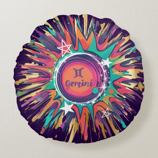 Gemini astrology birth sign zodiac psychedelic round cushion (Front)